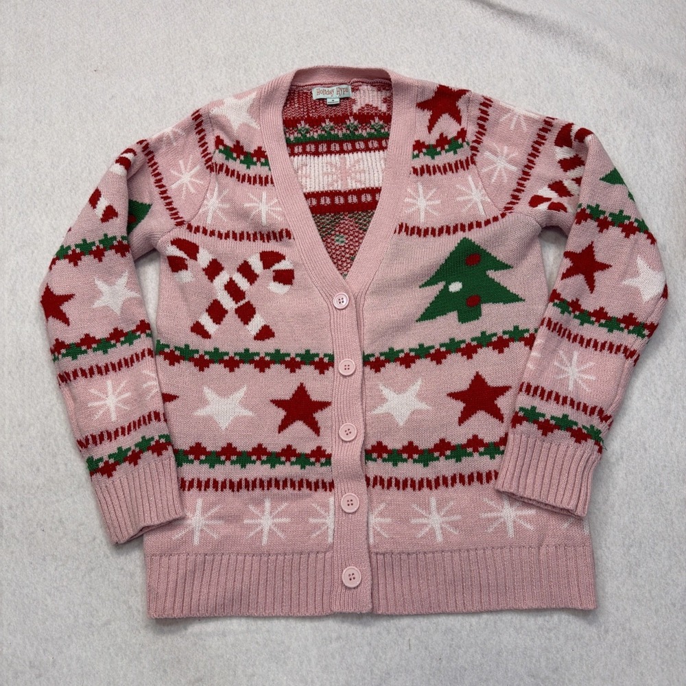 Holiday Hype Pink Christmas Cardigan Sweater size Small Candy Canes Stars Trees